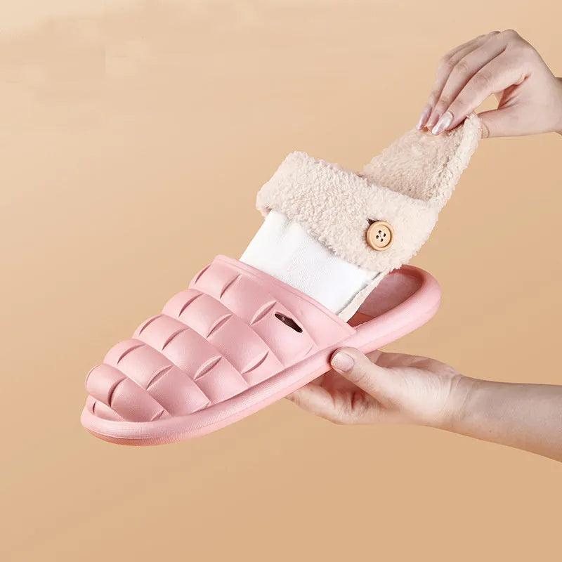 Pair of pink EVA detachable slippers with plush lining and textured anti-skid sole.