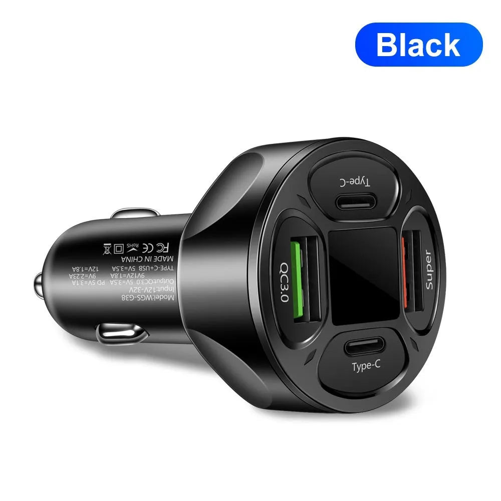 66W car charger with digital display, two USB ports, and two Type-C ports on a black plastic body.