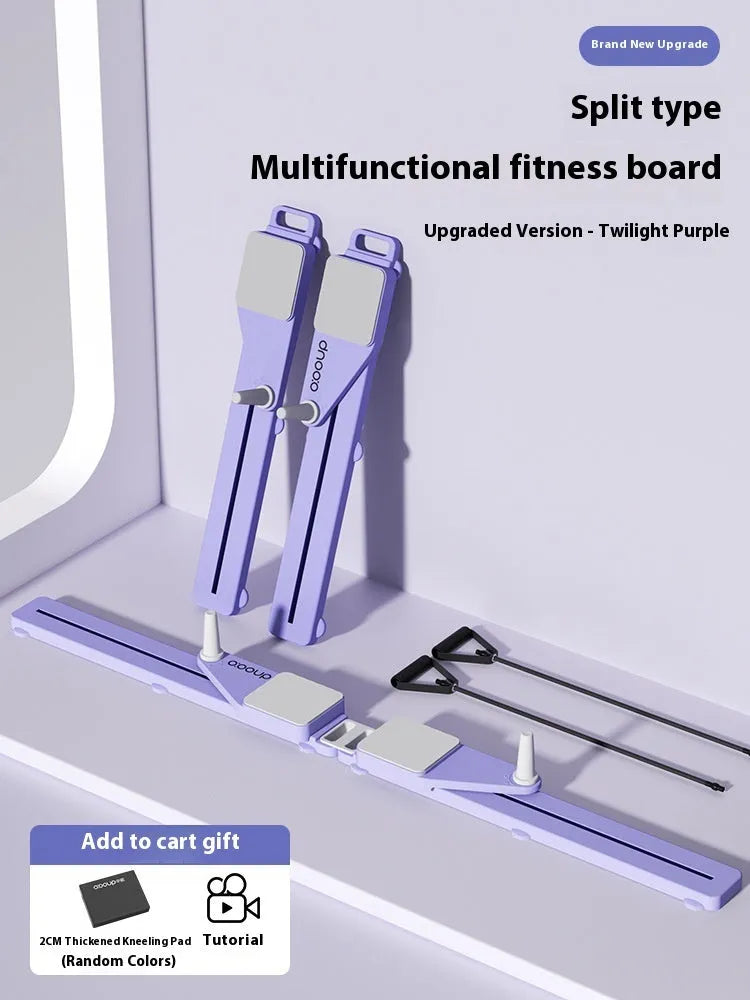 Compact purple split skiing machine trainer for home fitness on a wooden floor.