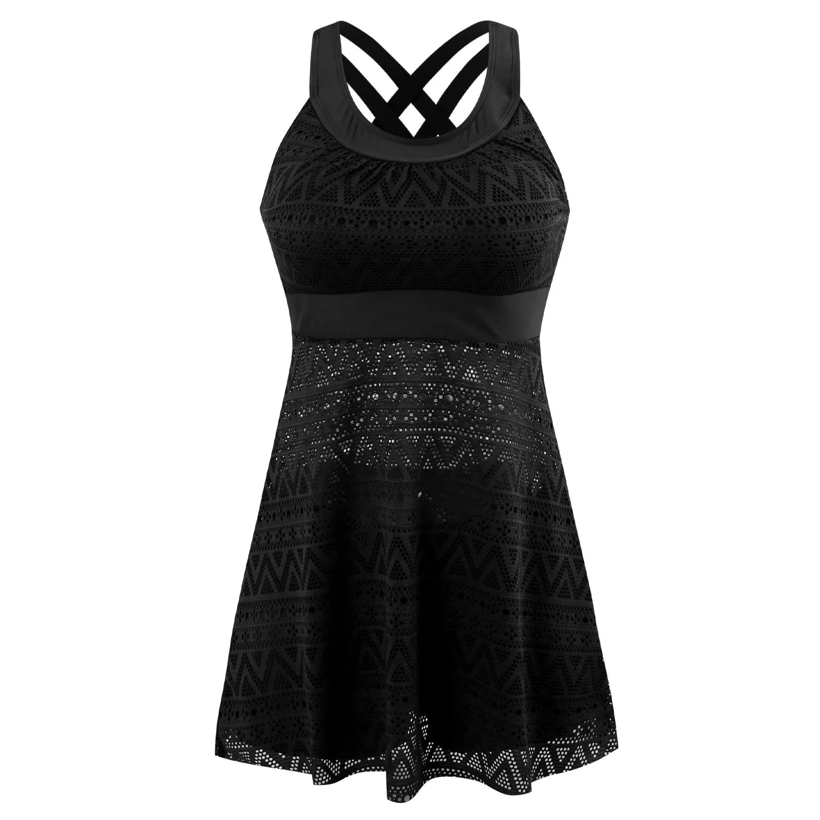Conservative black split swimsuit for women on a mannequin, showing the slimming one-piece briefs style.