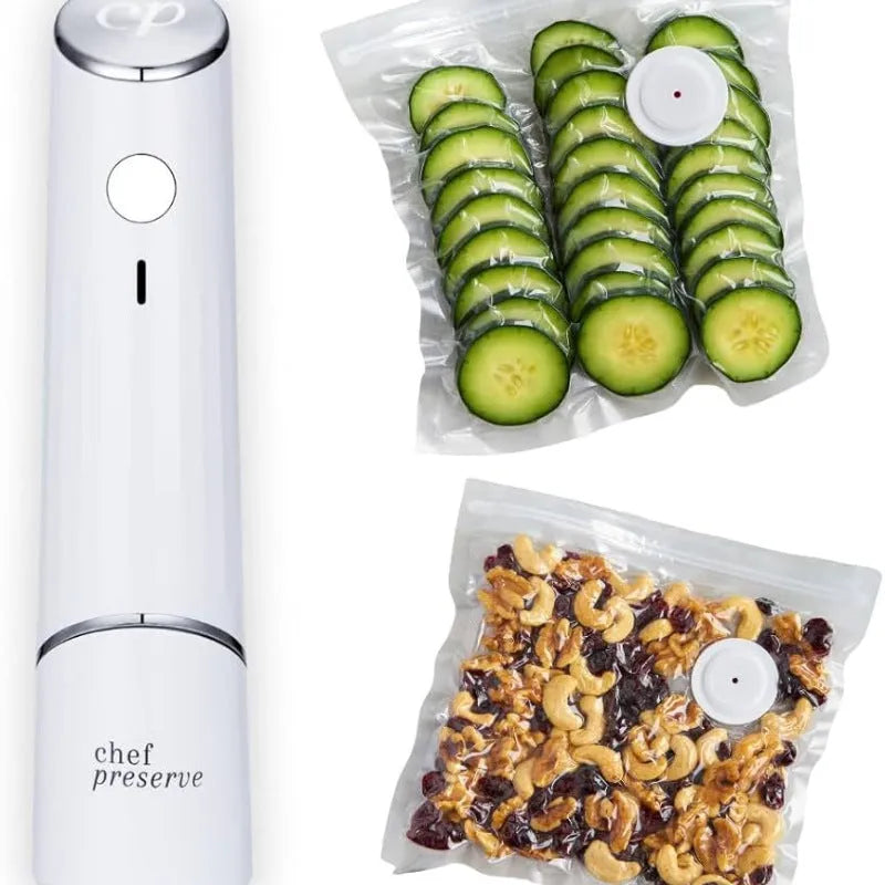 White USB electric vacuum food storage pump with five white 26x28cm plastic zipper bags.