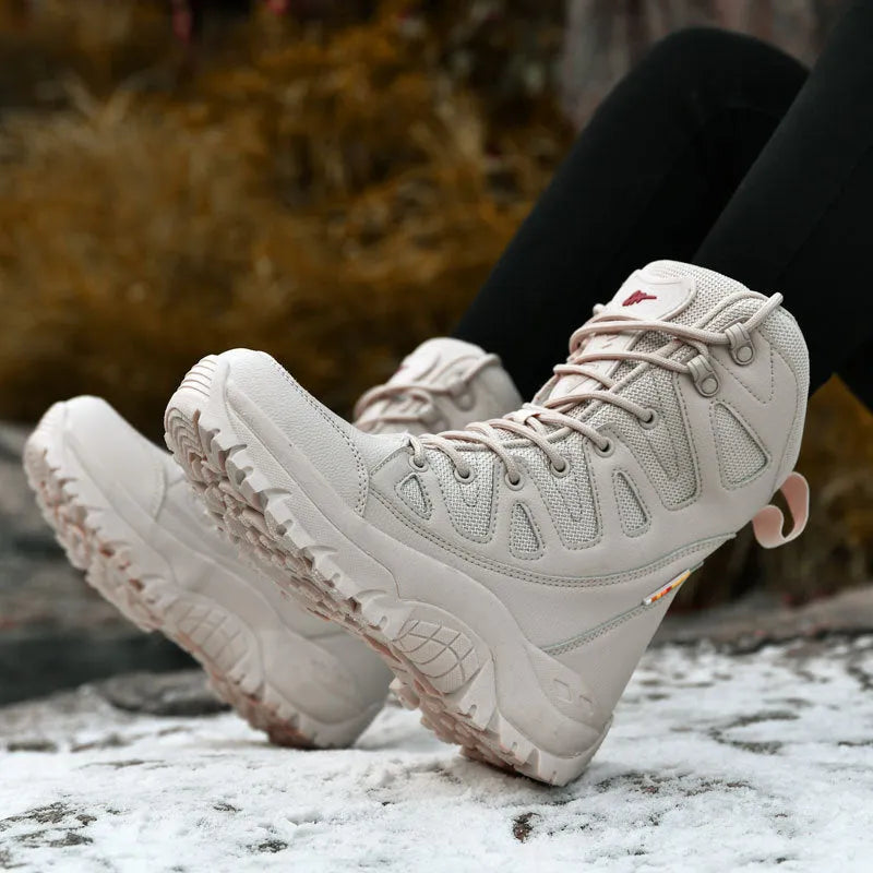 Cowhide leather hi-top hiking shoes with platform sole in beige colour