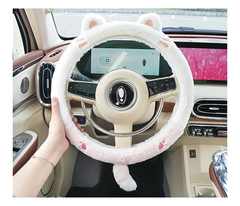Plush winter steering wheel cover with rabbit fur embroidered cartoon designs in 38cm diameter