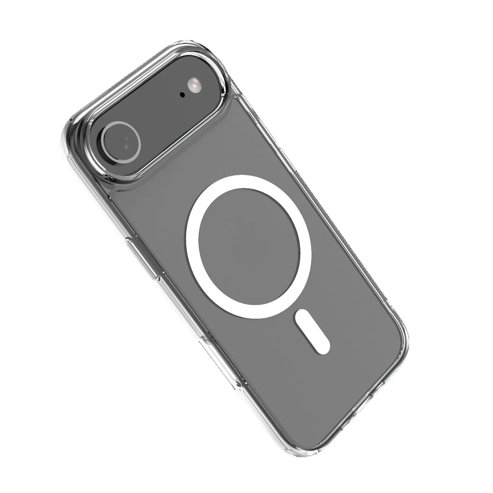 Transparent magnetic protective case for iPhone 17 models on a white background.