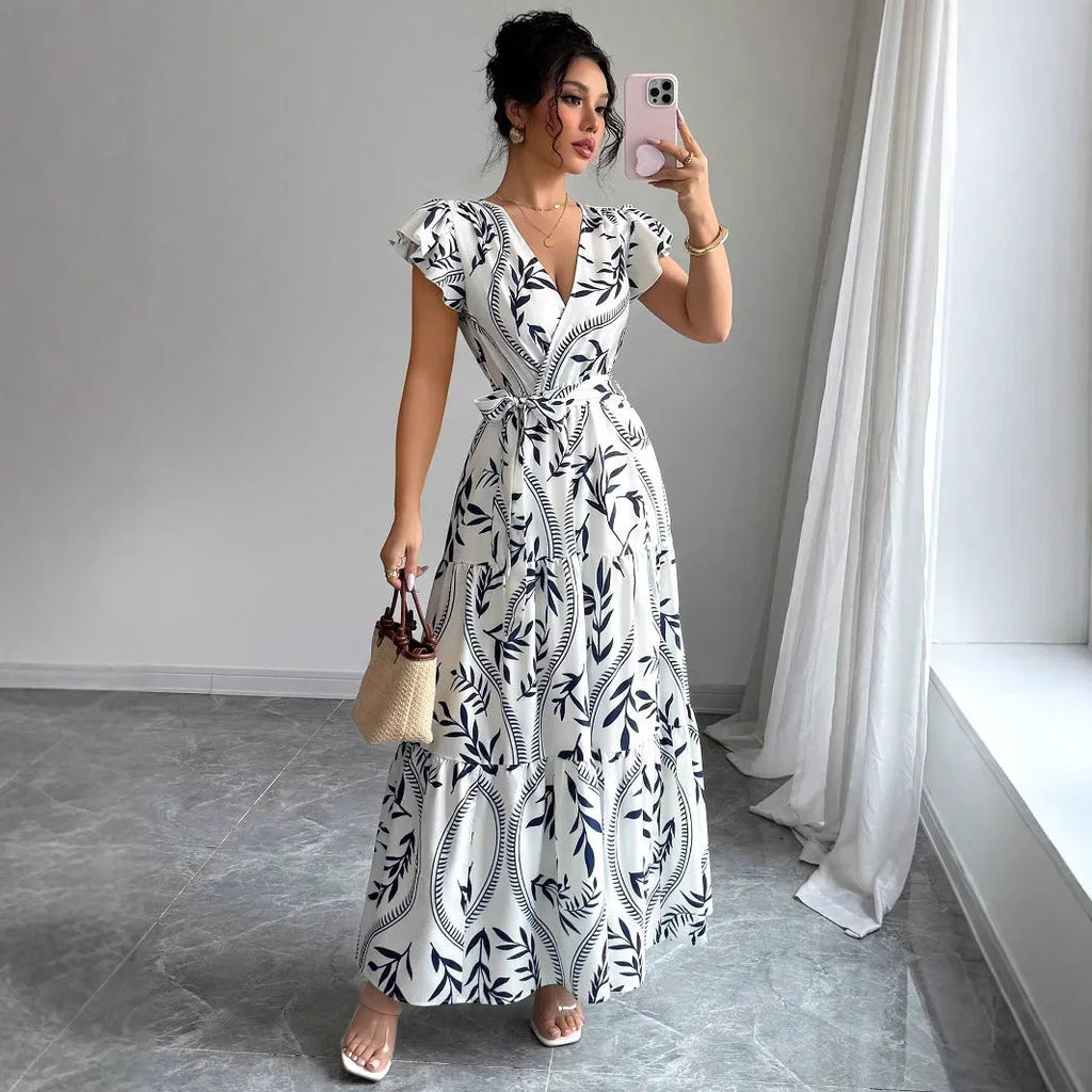 Lace-up floral short-sleeve ruffle sleeve midi dress in polyester, navy blue colour
