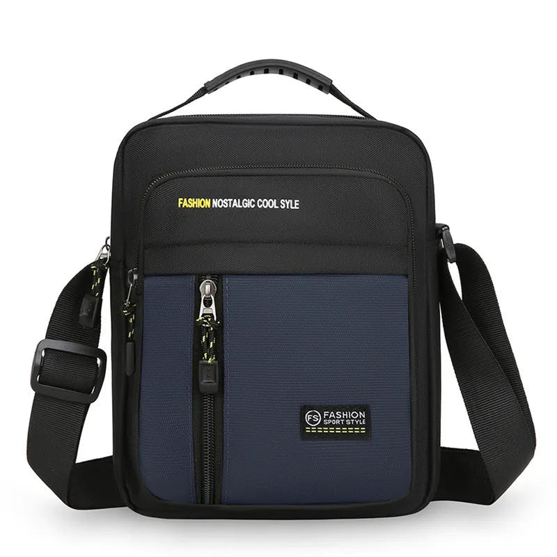 Men's casual nylon crossbody messenger bag shown in available colours: green, grey, black, and blue.