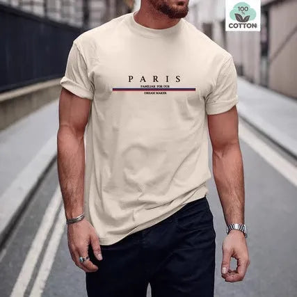 Heavyweight men's short-sleeve t-shirt with large letter print in apricot colour, showing loose fit.