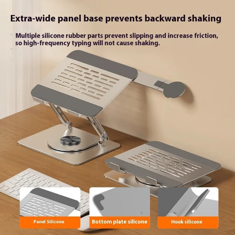 Silver carbon steel laptop stand with 360-degree rotation and side-mounted magnetic phone holder