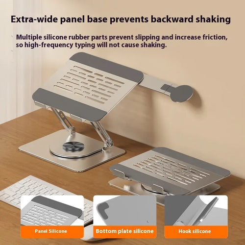 Silver carbon steel laptop stand with 360-degree rotation and side-mounted magnetic phone holder