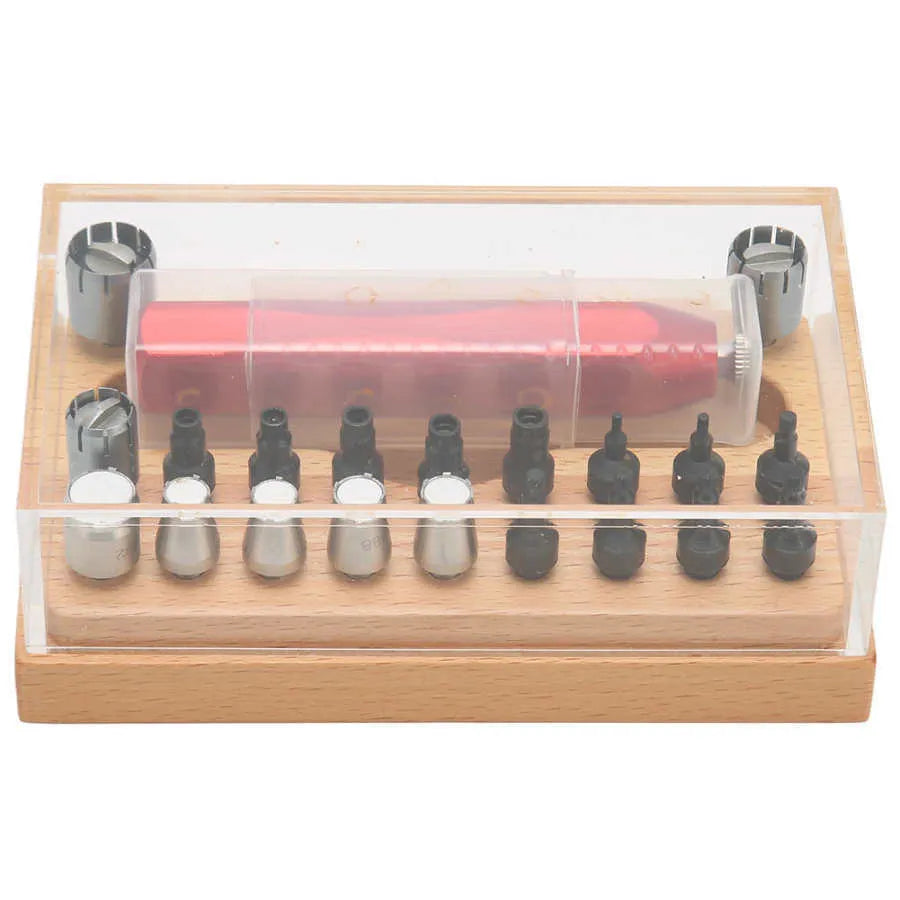 Set of 20 steel extracting tubes for watch repair in a compact toolkit.