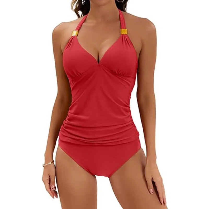 Women's red halter neck two piece swimsuit with split tie briefs laid flat.