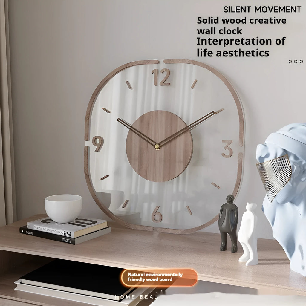 35 cm square transparent wooden wall clock with modern design on white wall