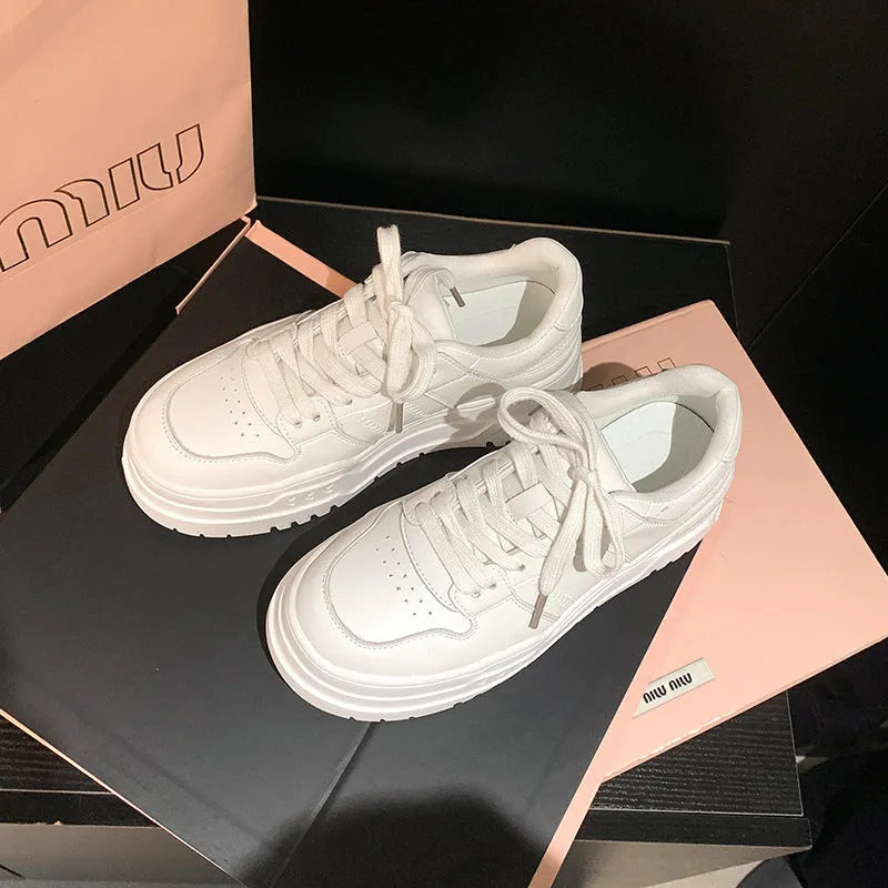 White cowhide leather platform height increasing casual lace up sports board shoes for women