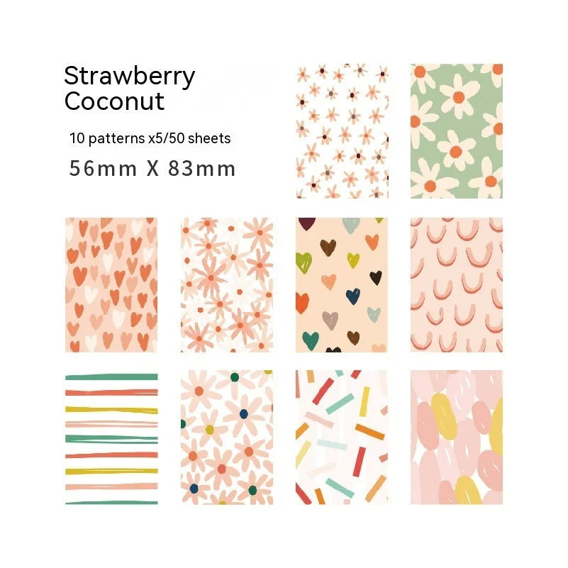 Retro collage note paper in ten pastel colours, each sheet 56mm by 83mm.