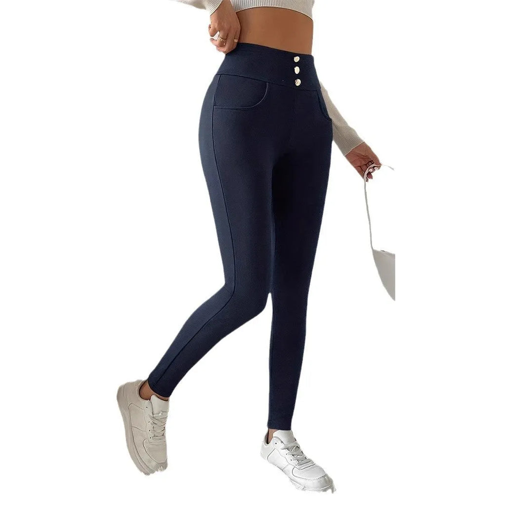 Women's navy blue high waist casual trousers with straight leg and micro elastic fabric