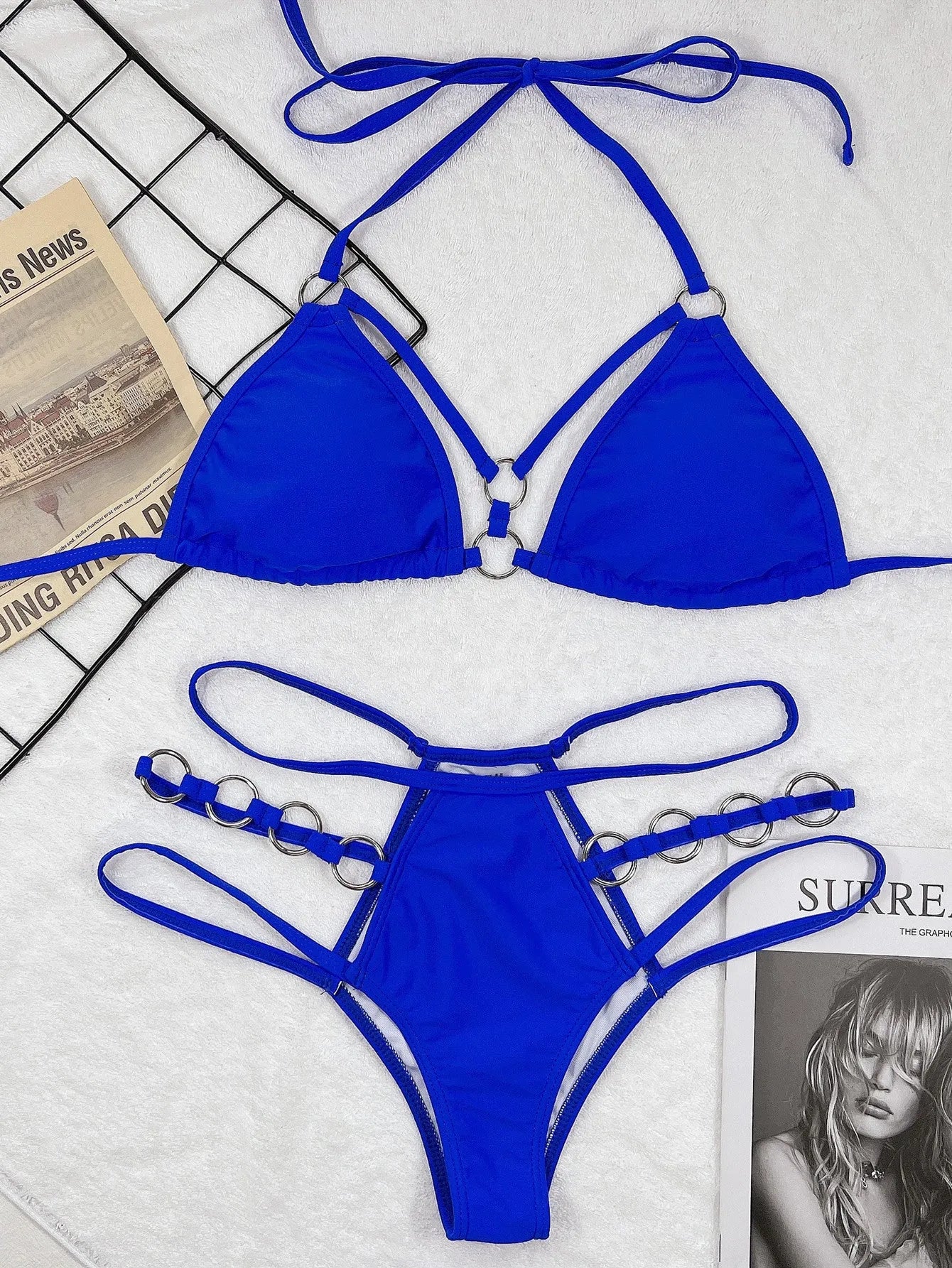 Women's separated two-piece nylon bikini set in red, available in sizes S, M, L.