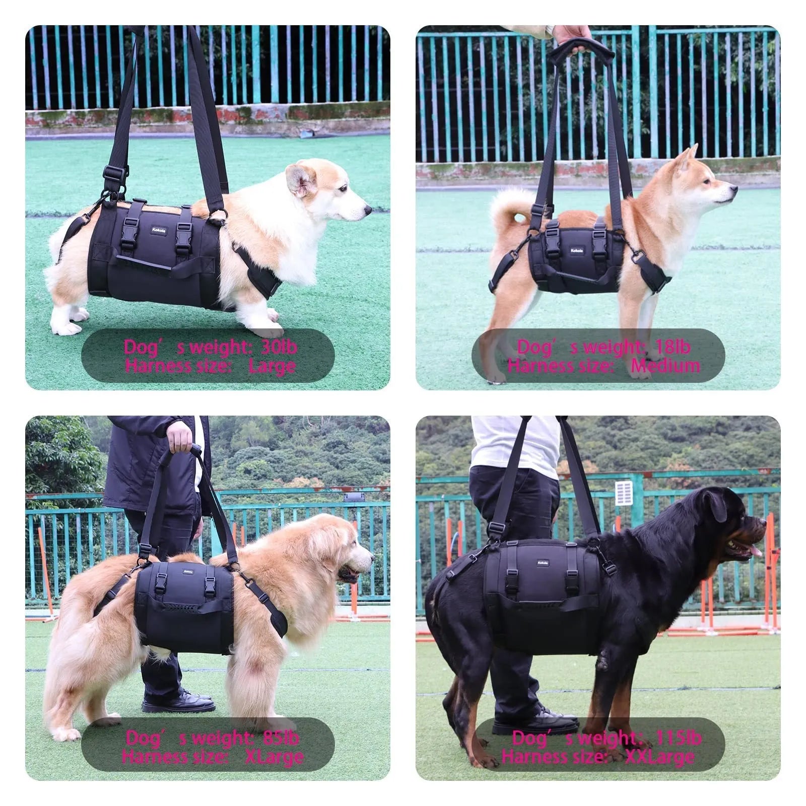 Black Oxford cloth dog harness with adjustable breast strap and leg support design