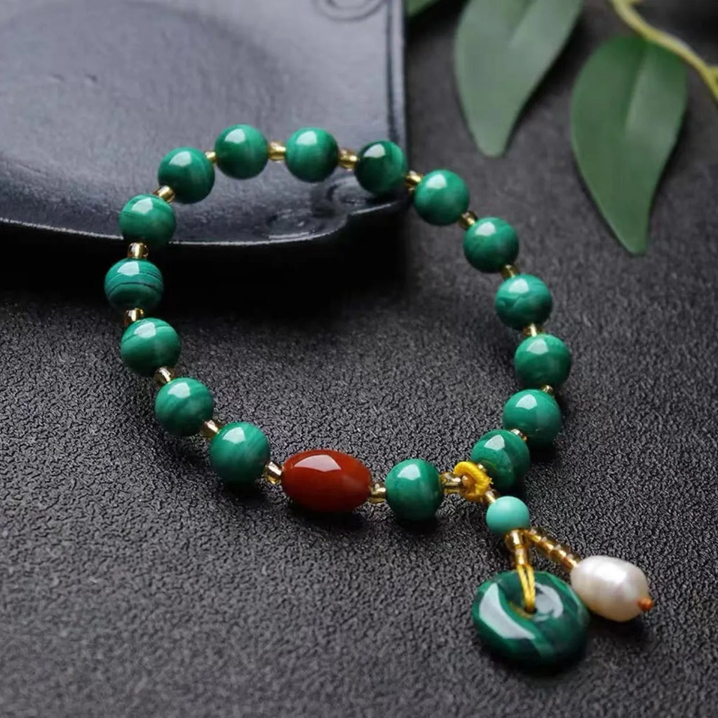 Natural green malachite and red agate barrel bead bracelet for men and women.