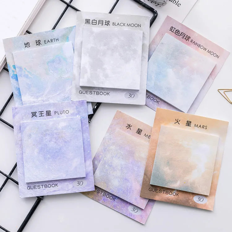 Square planet sticky notes pad with oil painting artwork showing 7.3cm sheets