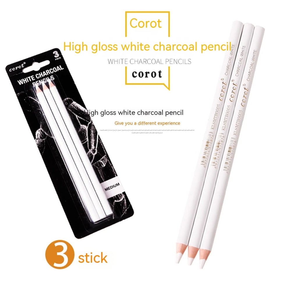 Three white charcoal sketching pencils with wooden barrels for highlighting on dark paper