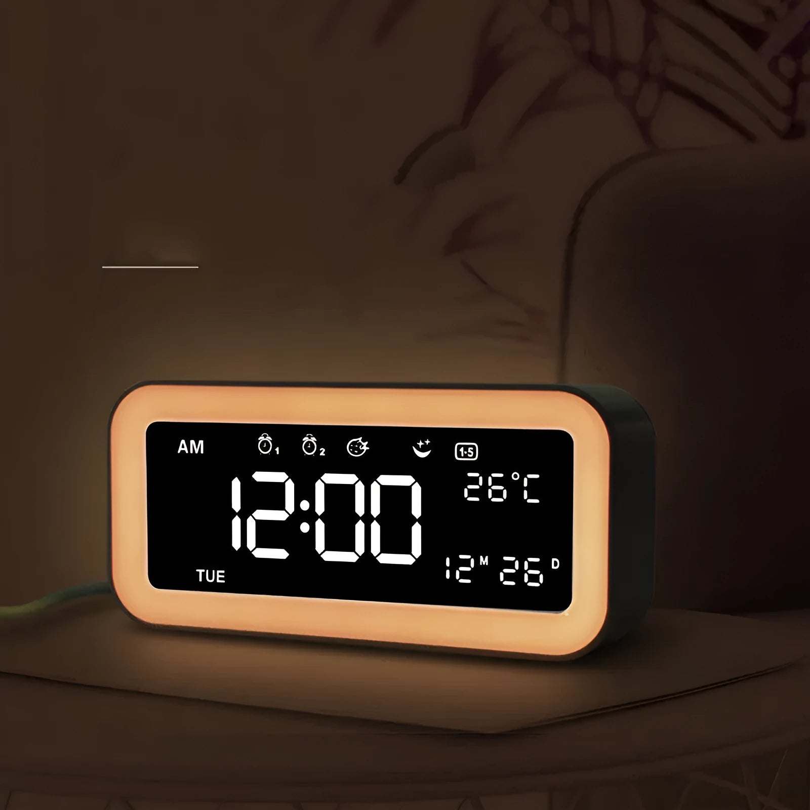 Blue rectangular LED atmosphere alarm clock with digital display and American style design