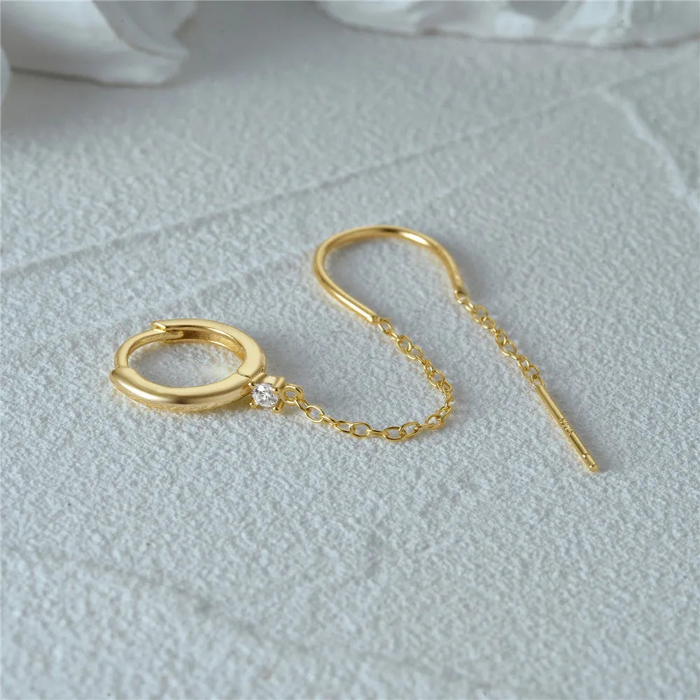 S925 sterling silver geometric earrings with flower and tassel chain decoration in golden finish