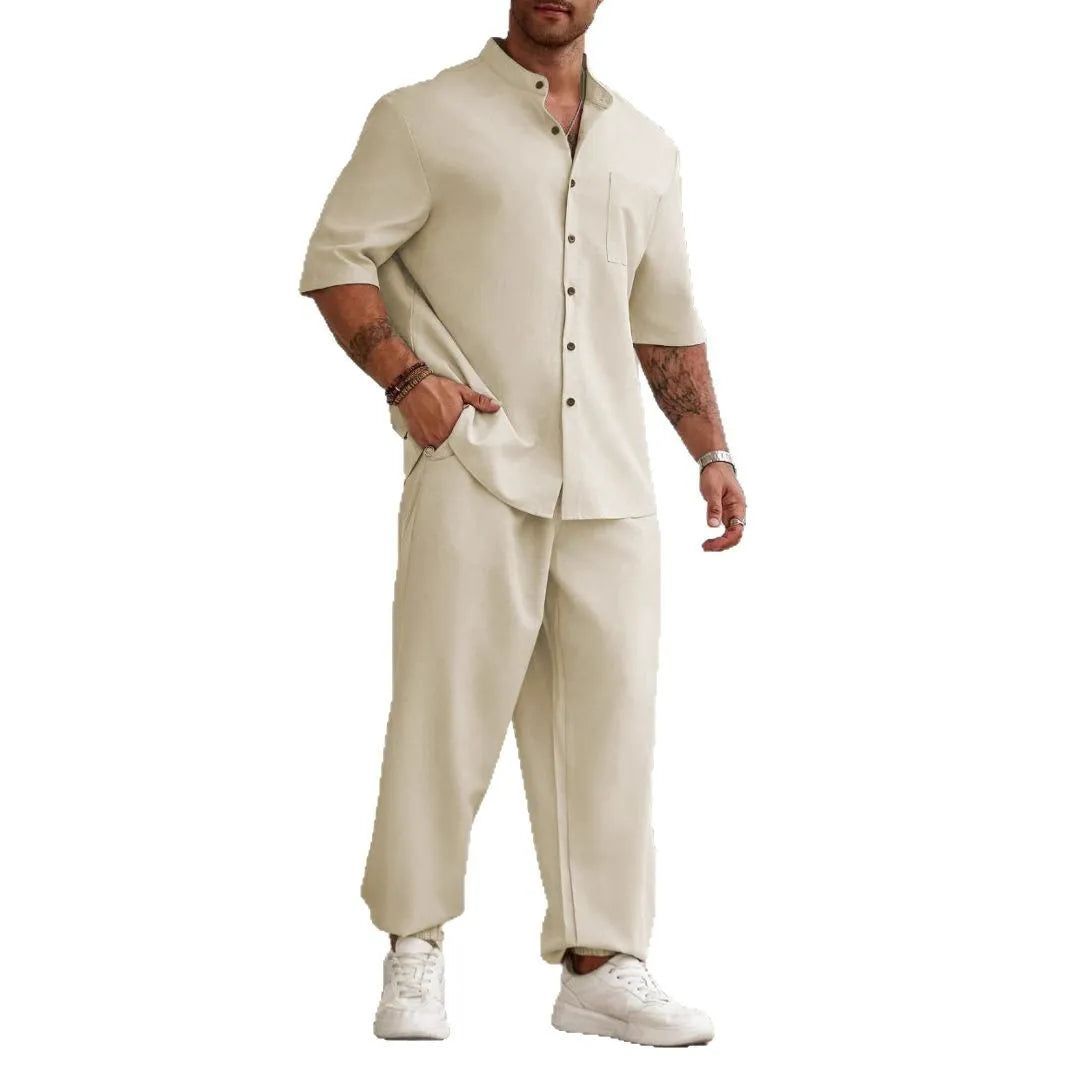 Men's casual cotton linen trouser set with short-sleeved shirt in black, grey, and apricot colours