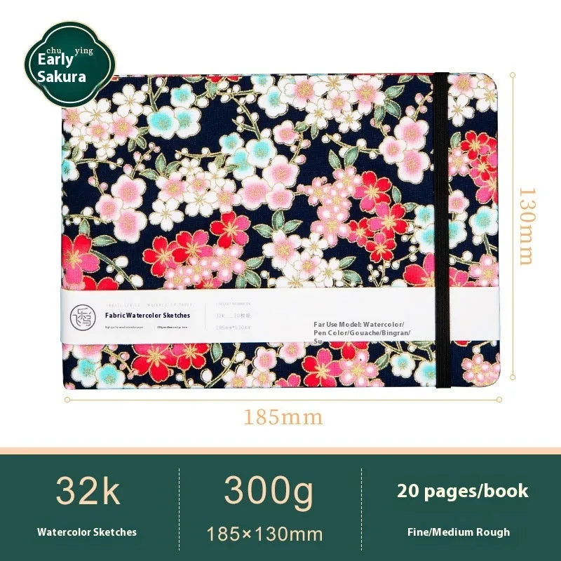 Feiluniao handmade fabric watercolour sketchbook with colourful themed cover, 185mm long.
