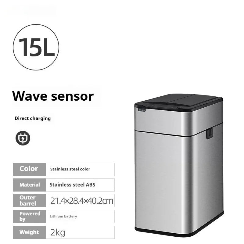 Square inductive sensor bin with automatic lid and deodorant system in stainless steel finish
