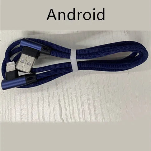 USB fast charging cable with denim fabric sleeve, showing Android and Type C connector options in red colour.