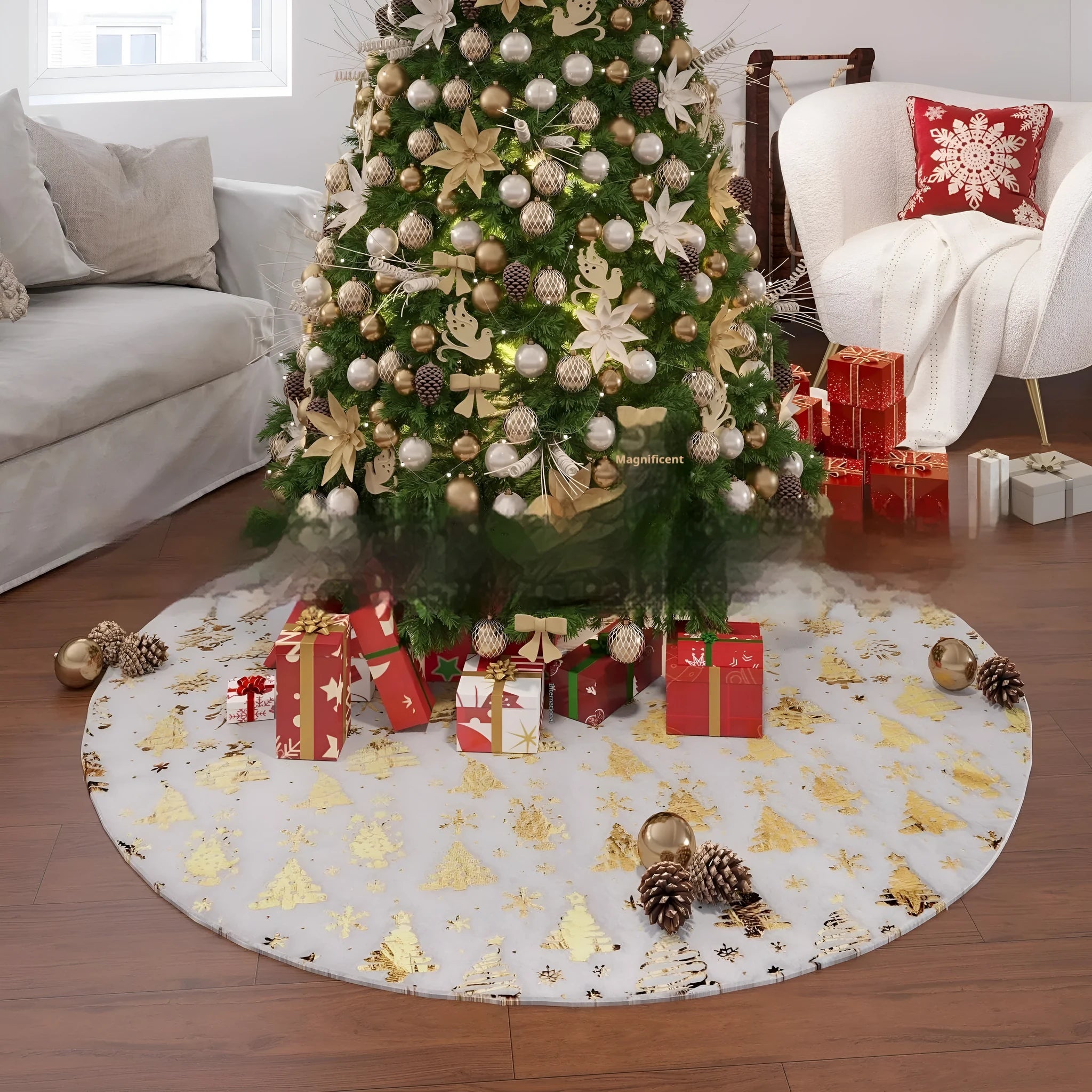 Plush red Christmas tree rug with snowflake XINGX pattern on a wooden floor