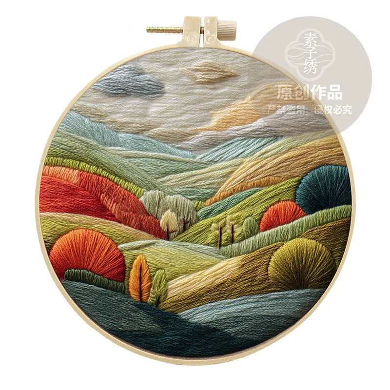 Landscape embroidery DIY kit with cotton linen fabric, 15cm imitation bamboo frame, and embroidery tools