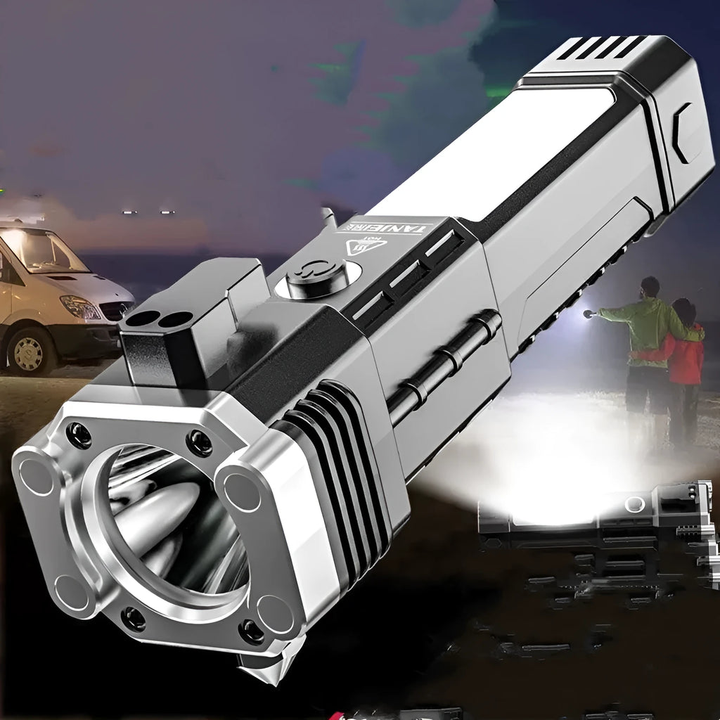 Silver portable plastic LED flashlight with strong beam for emergency and outdoor use.