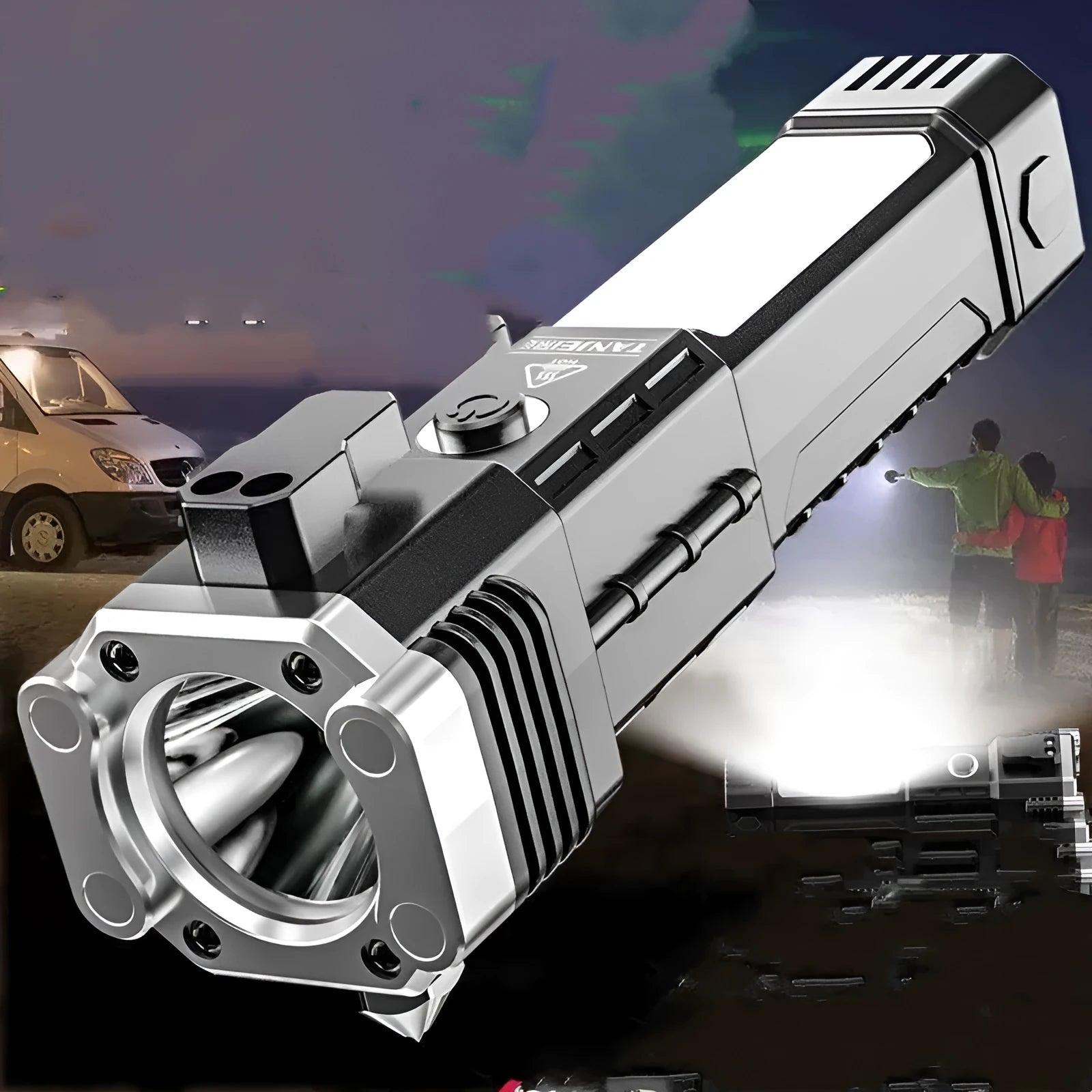 Silver portable plastic LED flashlight with strong beam for emergency and outdoor use.