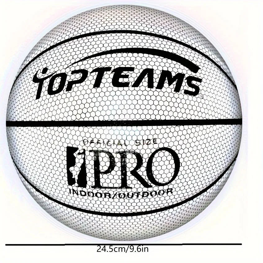 Chroma and white PU basketball with holographic reflective patches, size 7