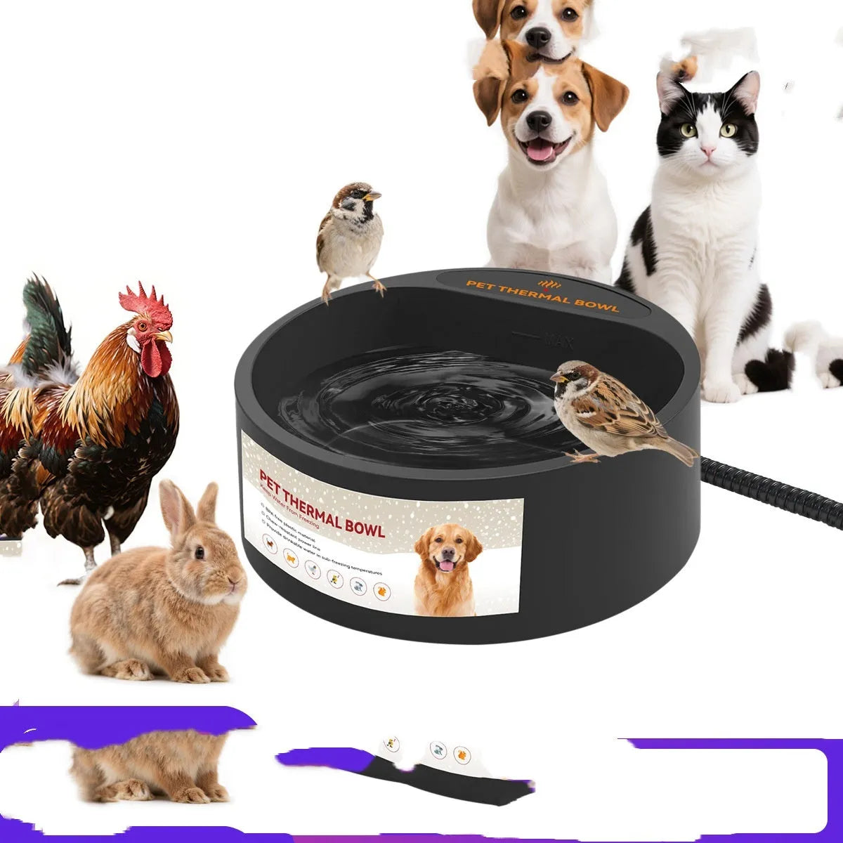 Black electric pet heating bowl for cats and dogs with 2.2-litre capacity