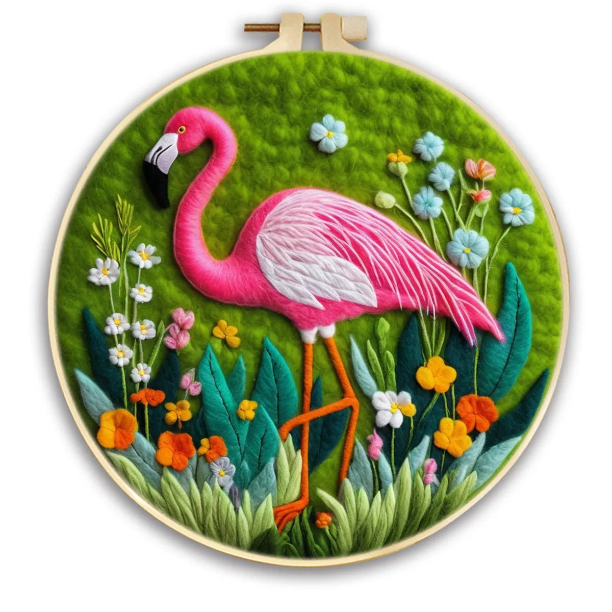 Round linen embroidery kit with wool felt materials for three-dimensional floral design