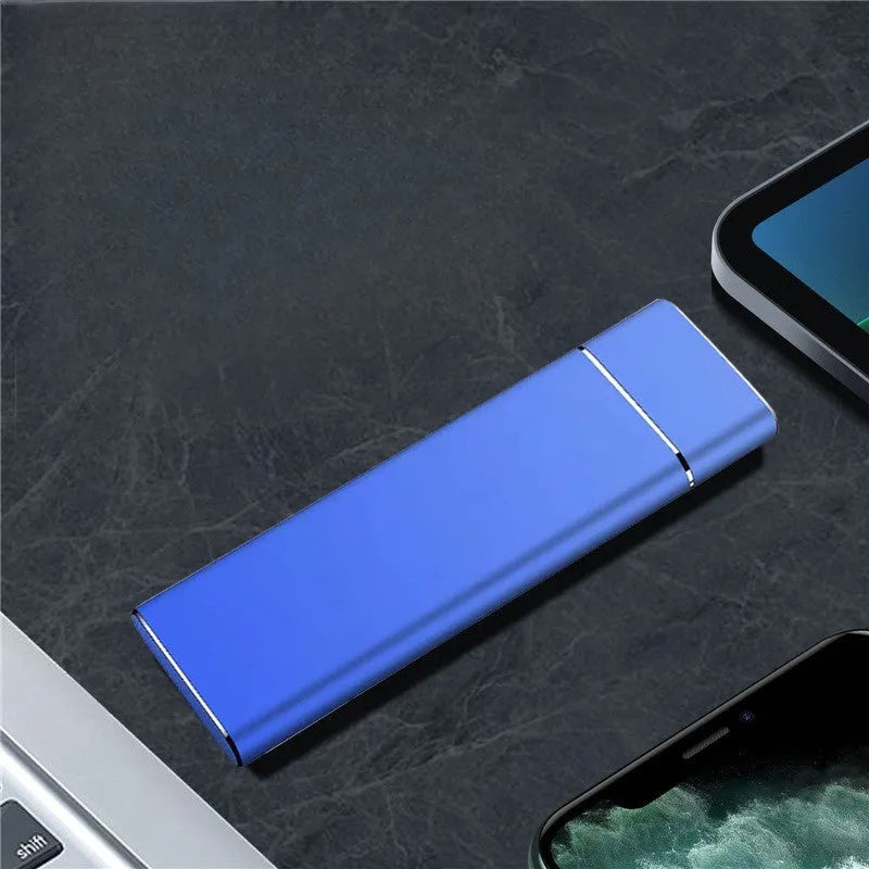 Sapphire blue metal external solid state hard disk with compact rectangular design