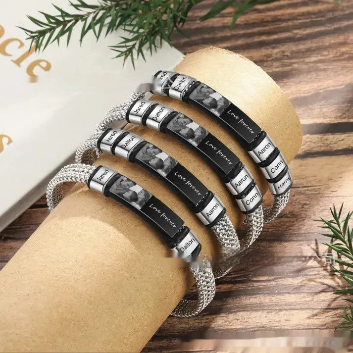 Men's titanium steel and leather rope lettering bracelet showing heart shape and bead design options.