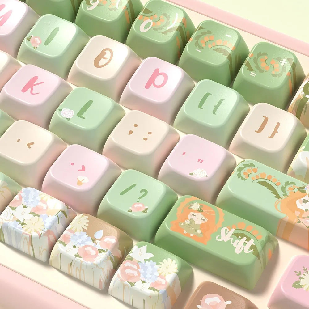 Custom sublimation printed mechanical keyboard keycap set showing graphic design, available in 138-key or 158-key configurations.