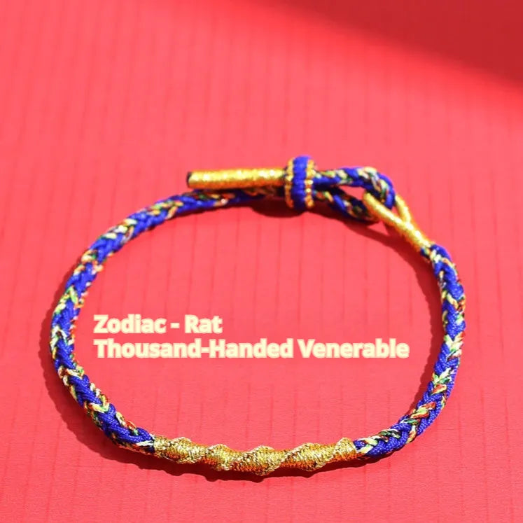 Adjustable eight-strand woven hand strap in zodiac colour theme with traditional pattern