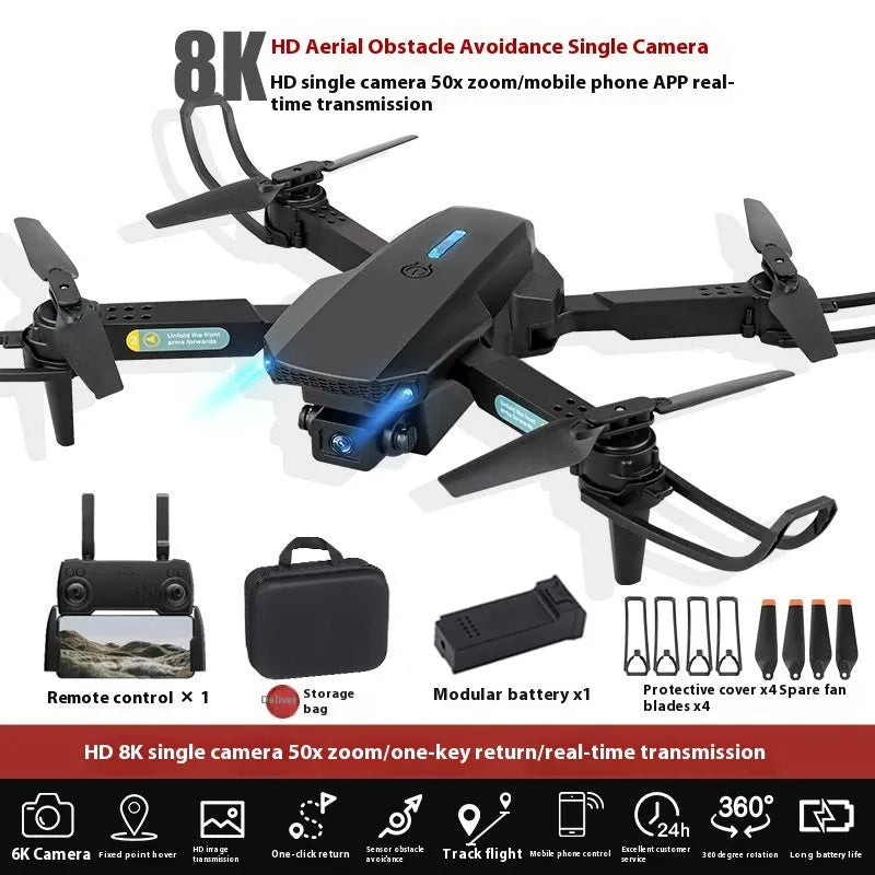 S138 black carbon fibre folding drone with propellers extended, showing dual camera and obstacle avoidance sensors.