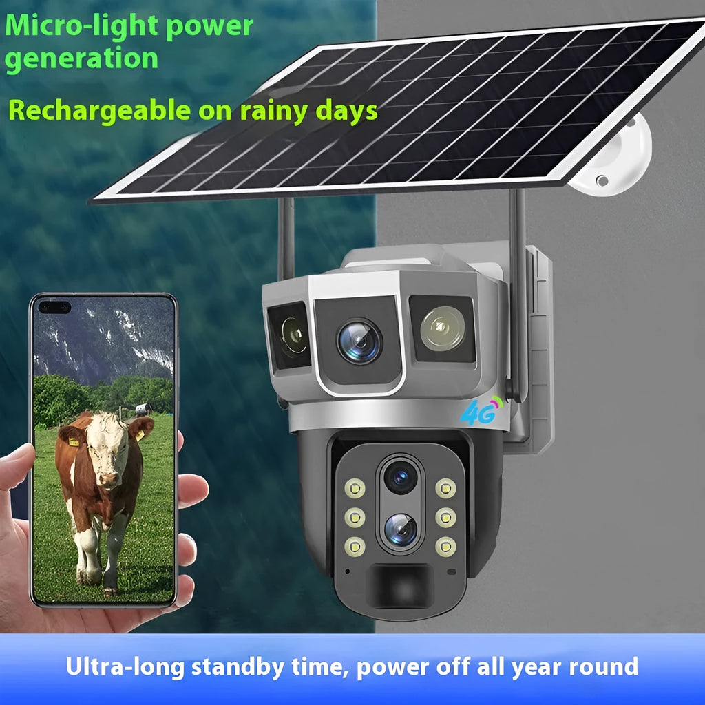 V380 outdoor 4G smart security camera with solar panel on a stand