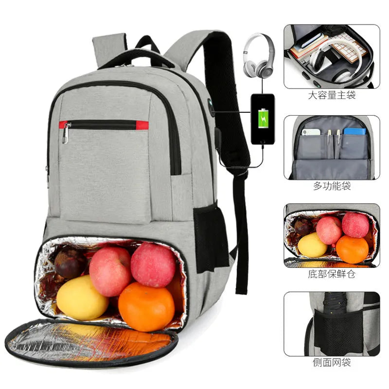 Light grey insulated oxford cloth backpack with curved shoulder straps and front compartments.