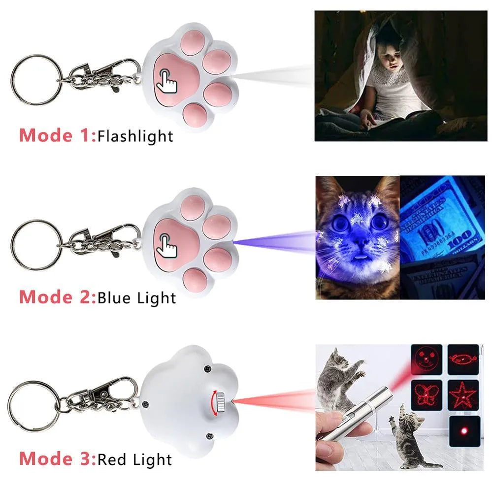 USB-rechargeable infrared cat teaser toy with keychain in black or pink plastic measuring 5x2.5cm