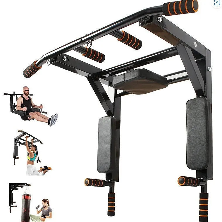 Black wall-mounted fitness equipment with sandbag rack and single parallel bars for pull-ups