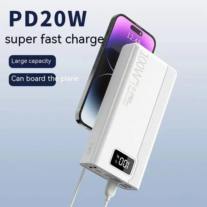 Large capacity power bank in black or white plastic housing with dimensions from 150×76×30mm to 150×76×50mm