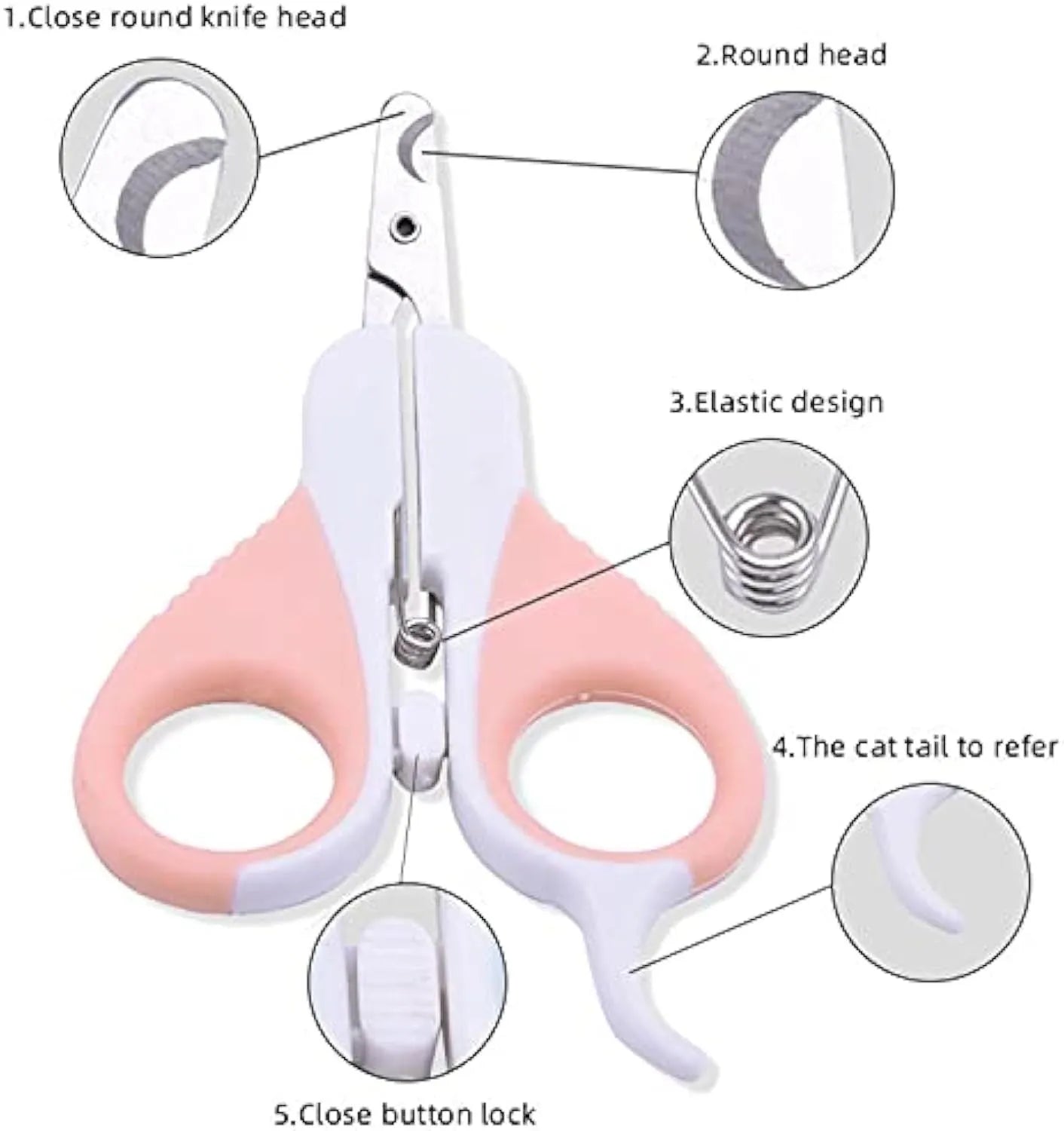 Grey and pink cat nail clippers with angled blade and safety guard for pet grooming