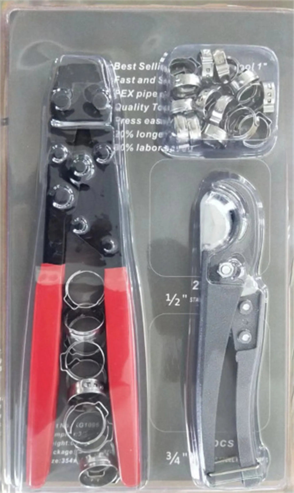 Metal PEX clamp tool set with carbon steel cutting edge and red cloth clamp