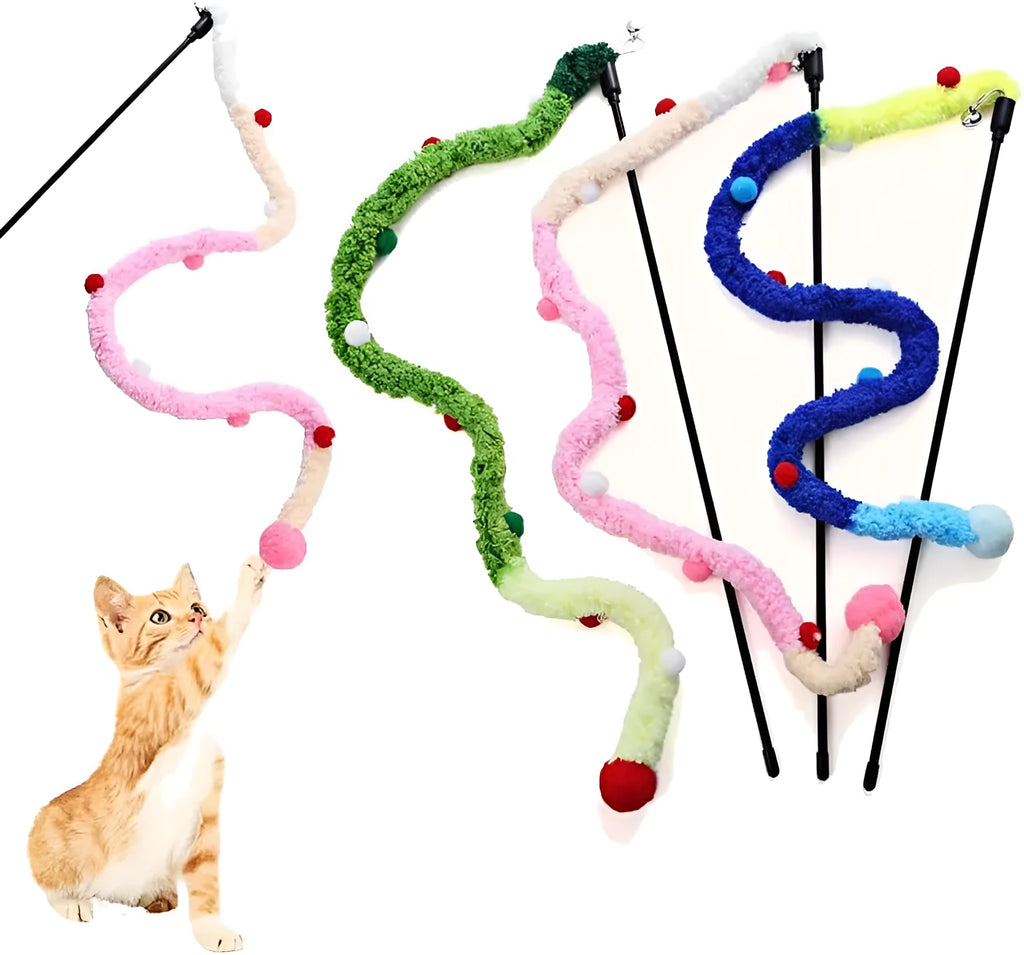 Blue interactive cat wand toy with a long plush strip, fluffy ball, and bells on a 41cm pole.